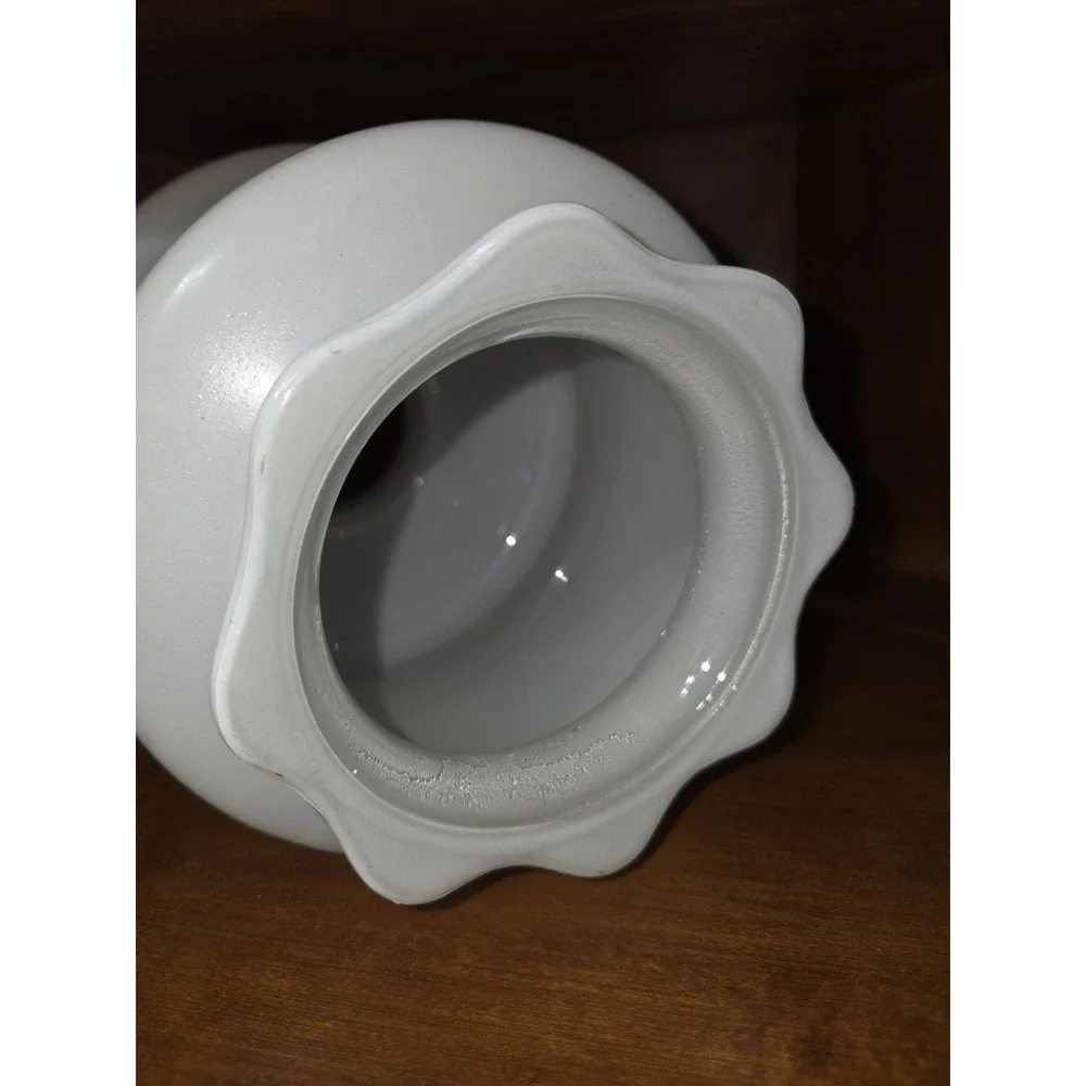 VTG white milk glass hurricane lamp shade featuring blue stripes W/ Ruffled Rim